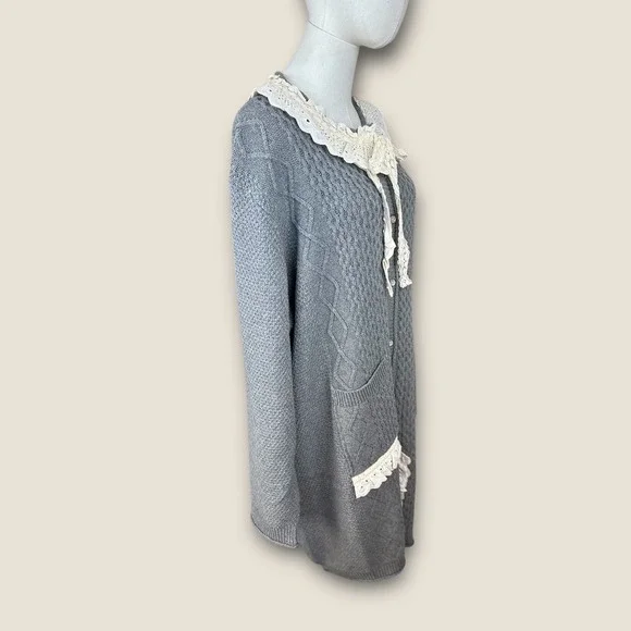 POL‎ NWOT SZ LGE Gray Cable Knit Lace Collar heavy Long Cardigan Sweater Dress - Picture 7 of 13